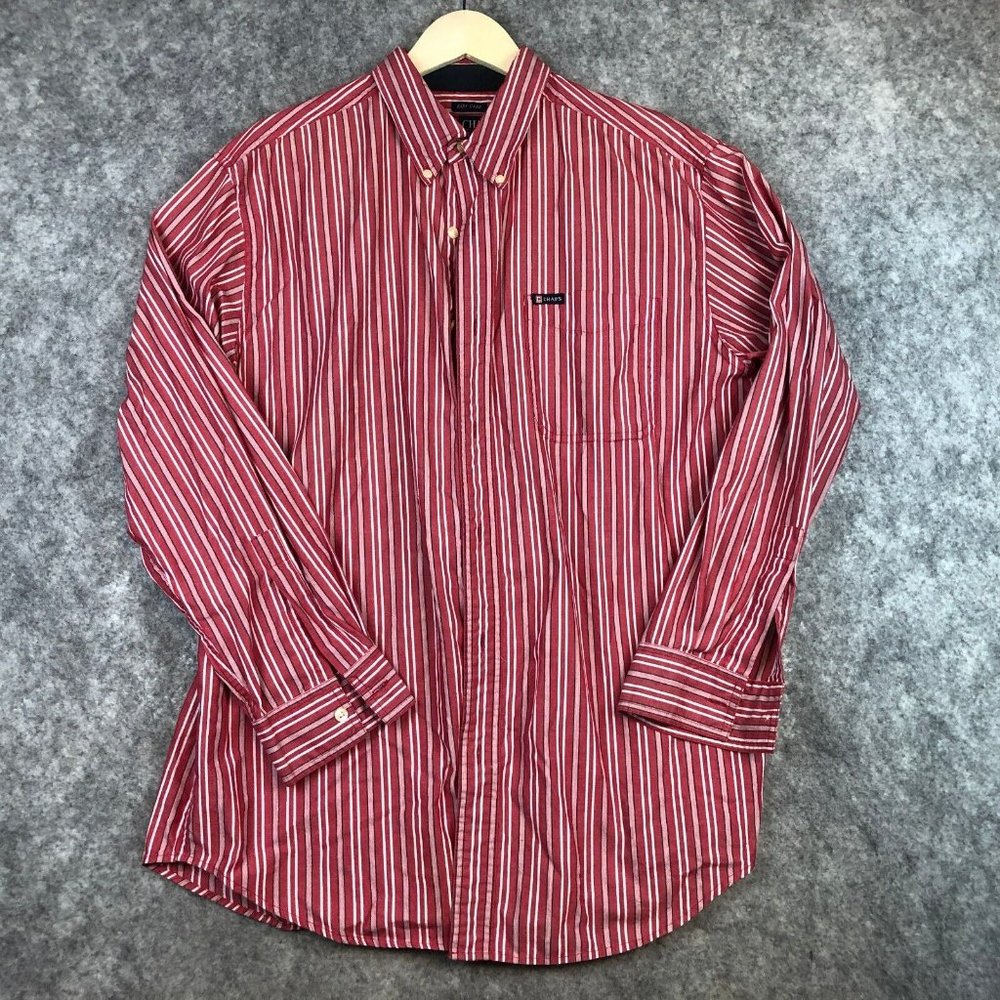 Vintage Chaps Shirt L Red Striped Long Sleeve Easy Care Casual Button Up Pocket